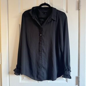 Classic Black Blouse Button Up Ruffle Office Siren Basic Size Large